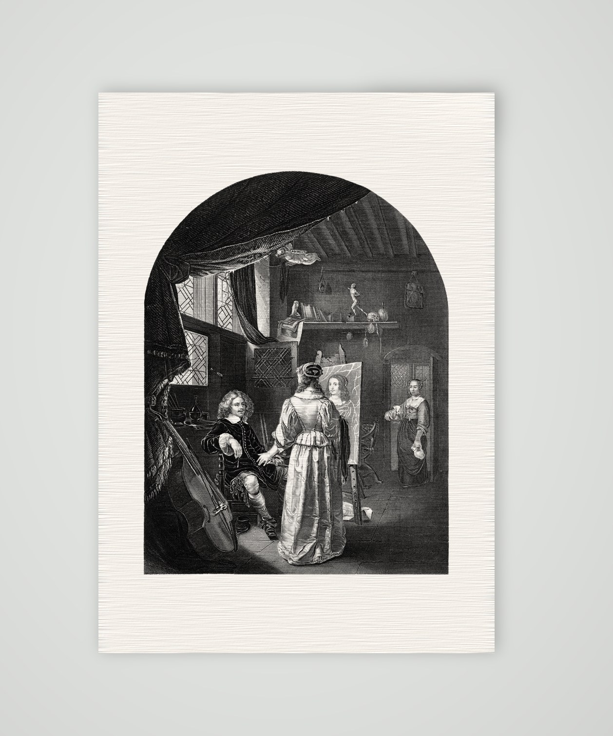 Mieris in seinem Atelier – Stahlstich, Kunstdruck auf Leinenpapier
