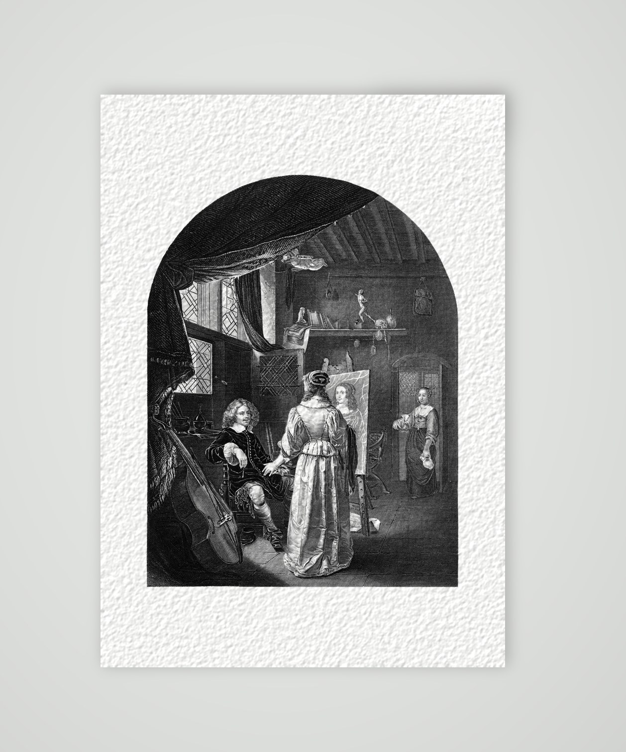 Mieris in seinem Atelier – Stahlstich, Kunstdruck auf Hahnemühle-Büttenpapier