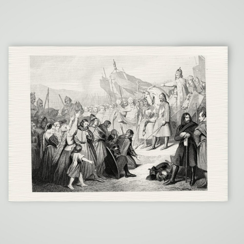 Karl der Große bei Paderborn – Stahlstich, Kunstdruck auf Leinenpapier