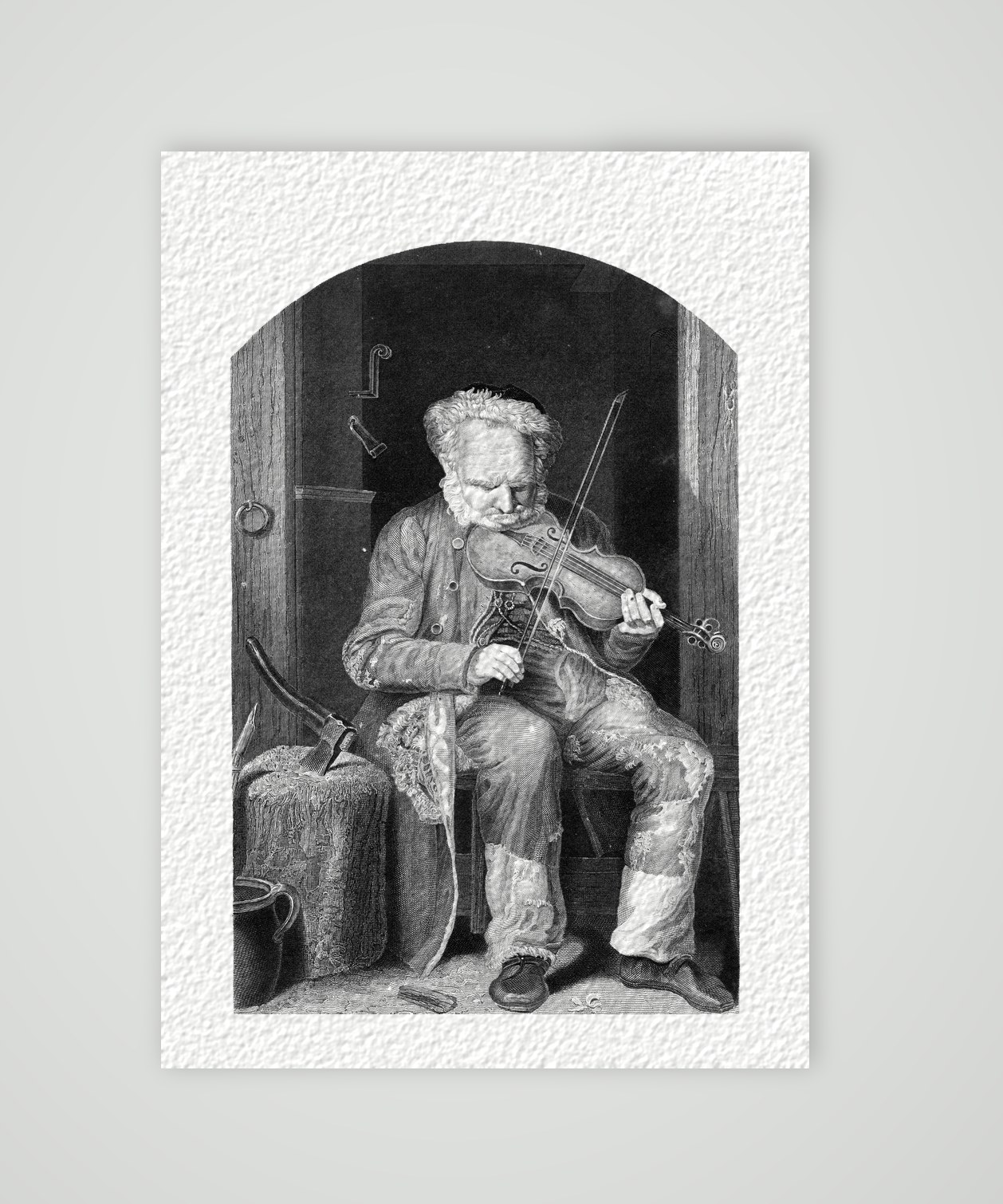 Der alte Geiger – Stahlstich, Kunstdruck auf Hahnemühle-Büttenpapier