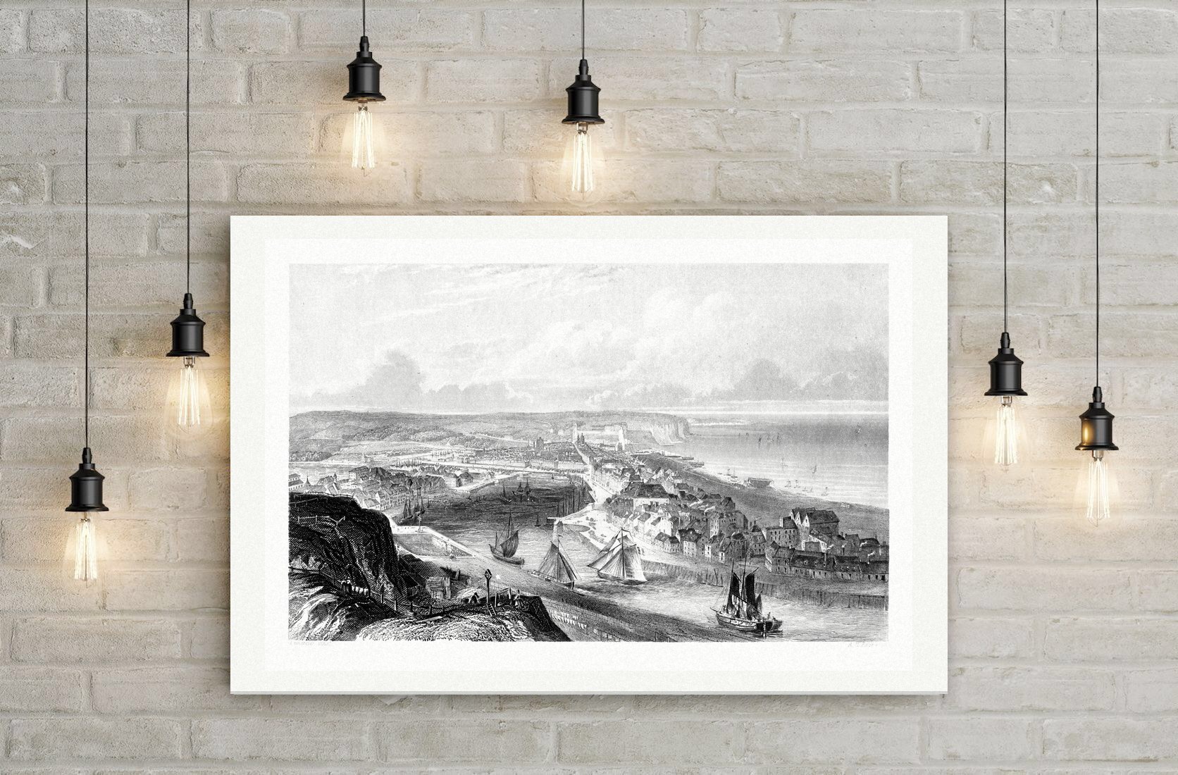 Dieppe, Stadt und Hafen – Stahlstich, Leinwanddruck auf Holzkeilrahmen an der Wand