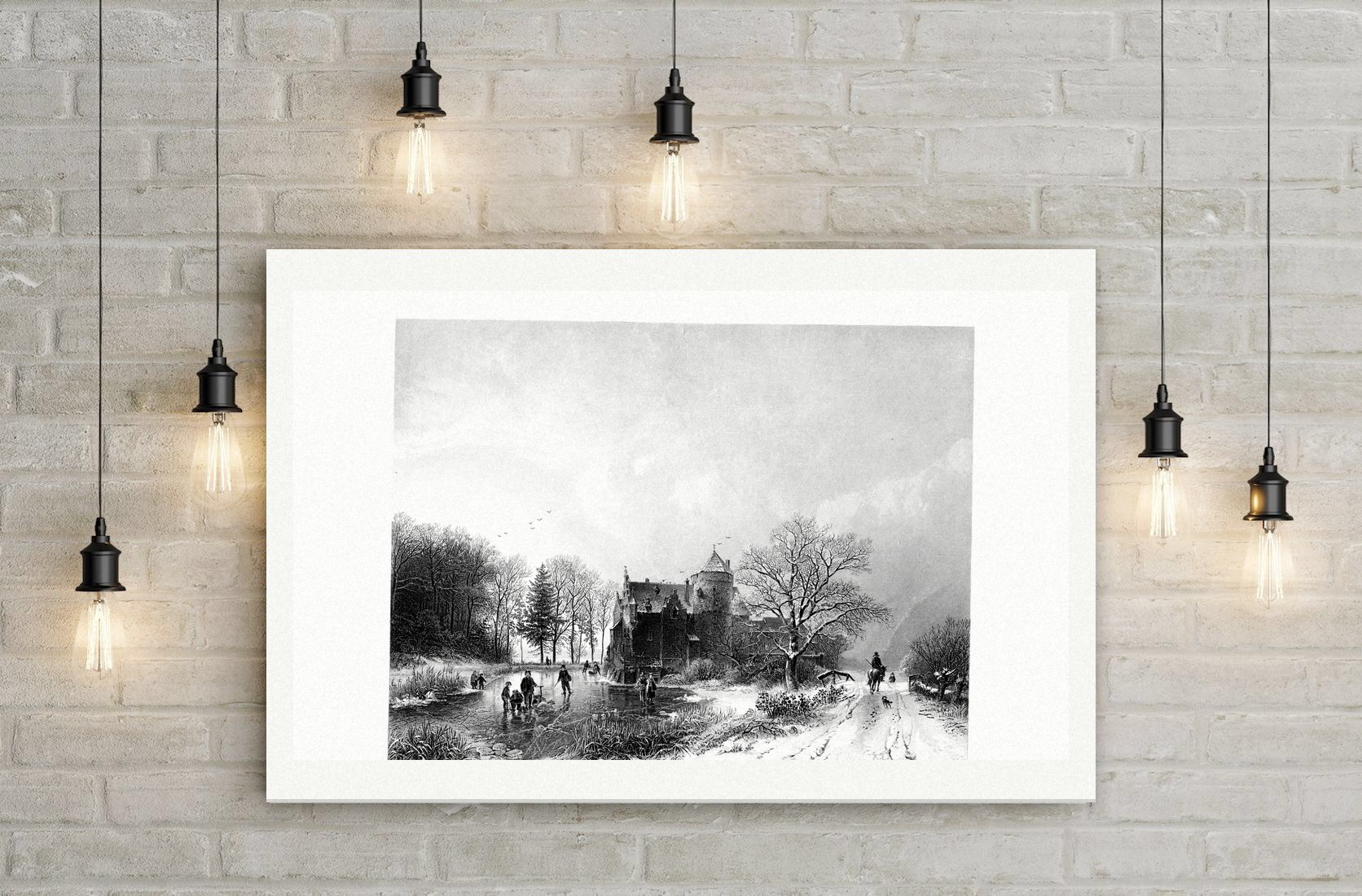 Winter am Schloss – Stahlstich, Leinwanddruck auf Holzkeilrahmen an der Wand