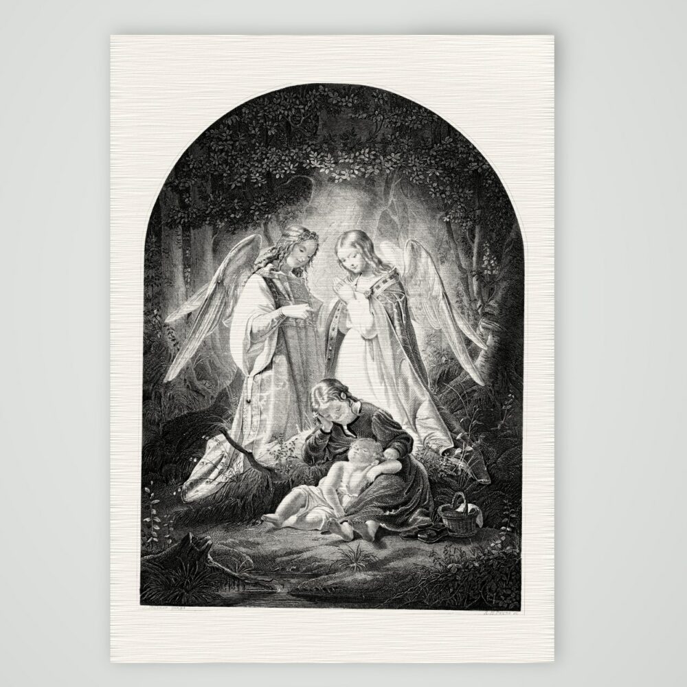 Die Schutzengel – Stahlstich, Kunstdruck auf Leinenpapier