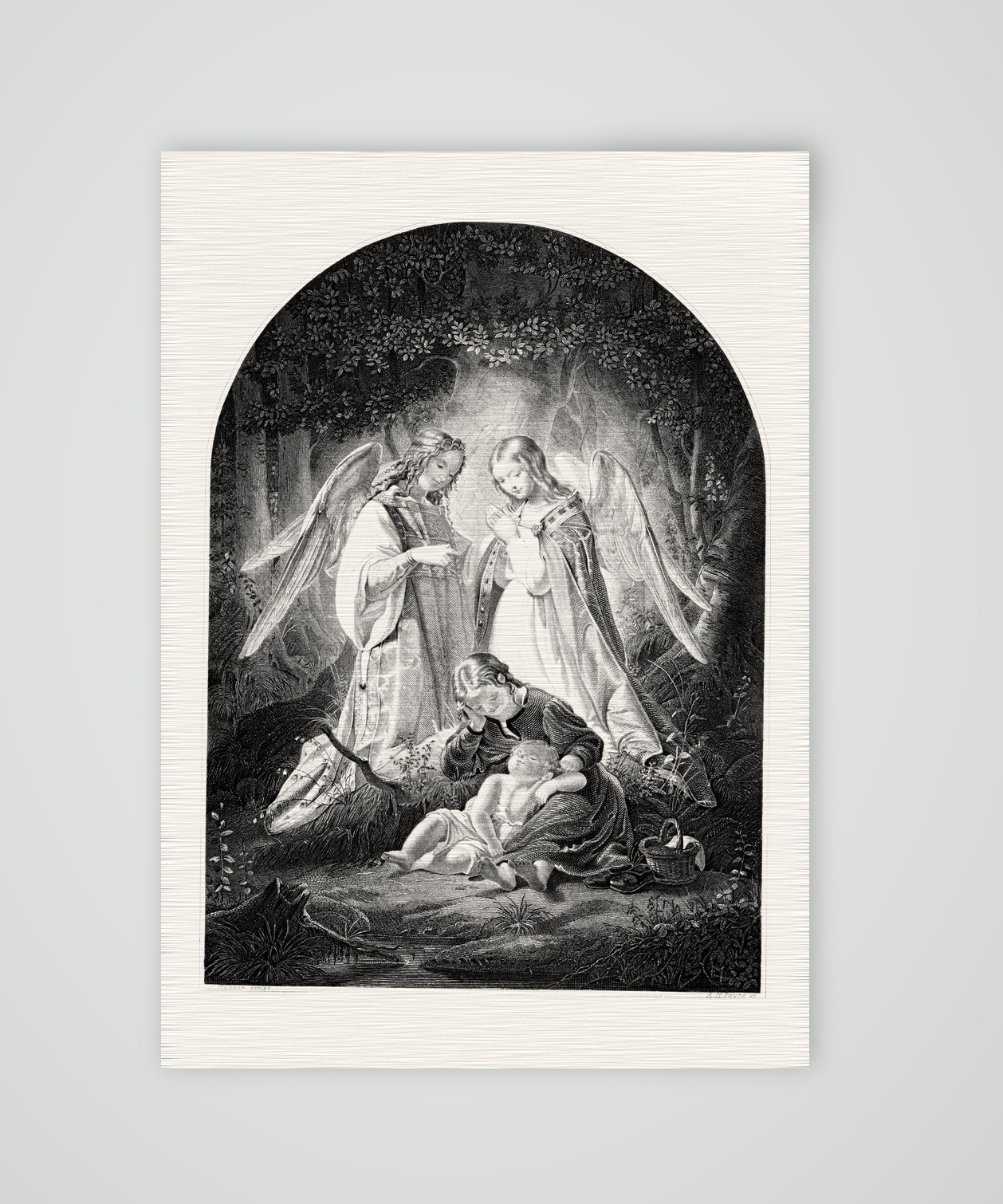 Die Schutzengel – Stahlstich, Kunstdruck auf Leinenpapier