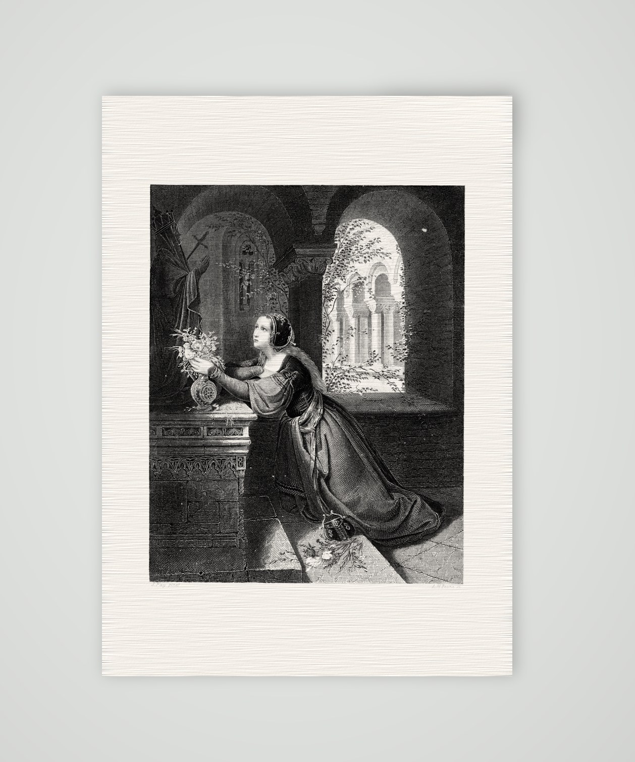 Das Blumenopfer – Stahlstich, Kunstdruck auf Leinenpapier