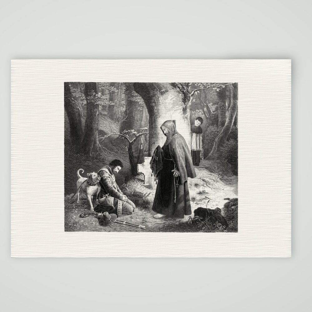 Die Beichte im Walde – Stahlstich, Kunstdruck auf Leinenpapier