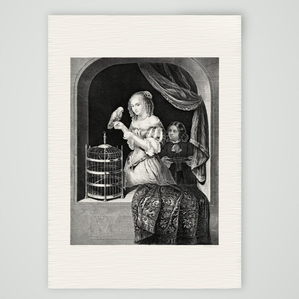 Marcellina mit dem Papagei – Stahlstich, Kunstdruck auf Leinenpapier