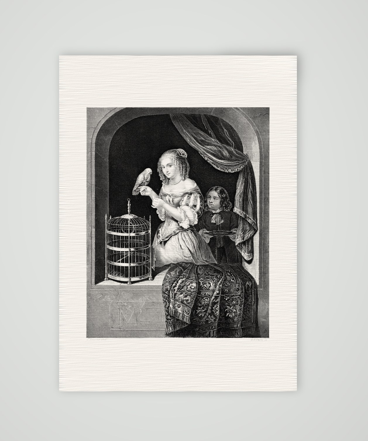 Marcellina mit dem Papagei – Stahlstich, Kunstdruck auf Leinenpapier