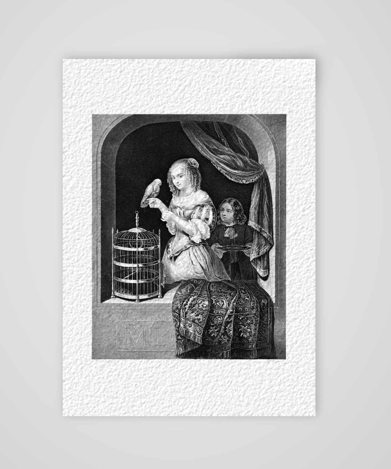 Marcellina mit dem Papagei – Stahlstich, Kunstdruck auf Hahnemühle-Büttenpapier