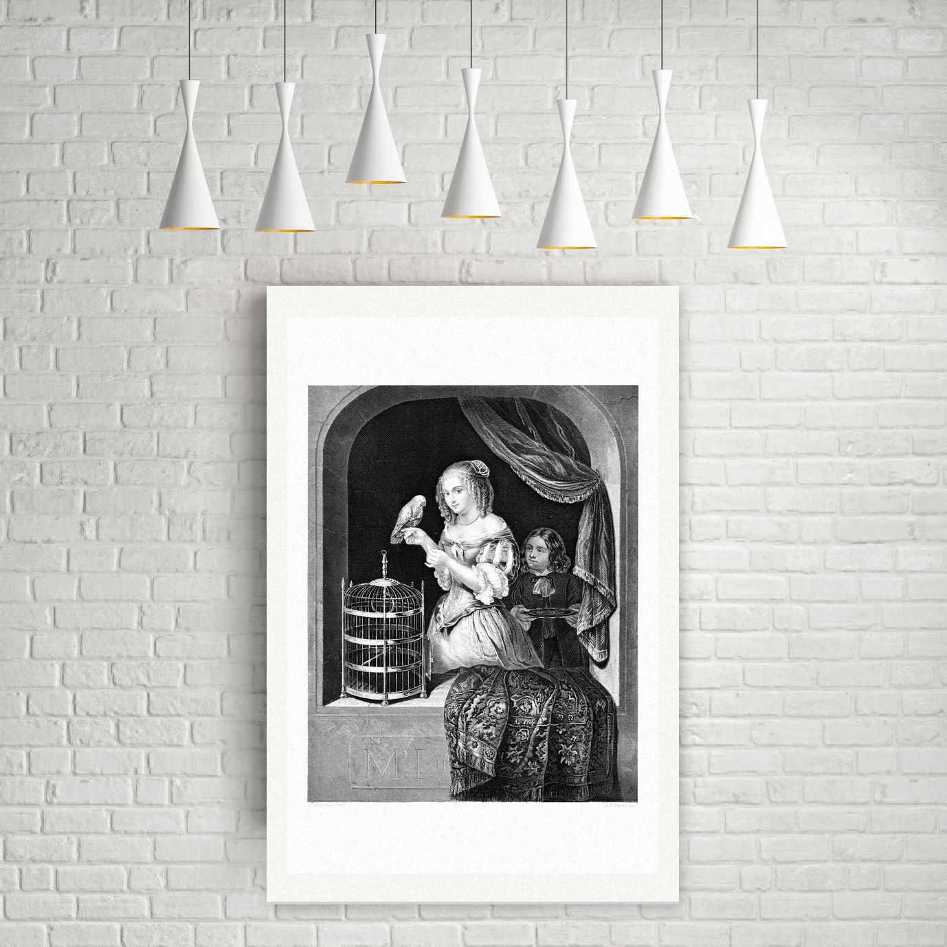 Marcellina mit dem Papagei – Stahlstich, Leinwanddruck auf Holzkeilrahmen an der Wand