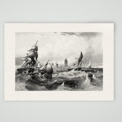 Ostende, Segelschiffe im Sturm – Stahlstich, Kunstdruck auf Leinenpapier