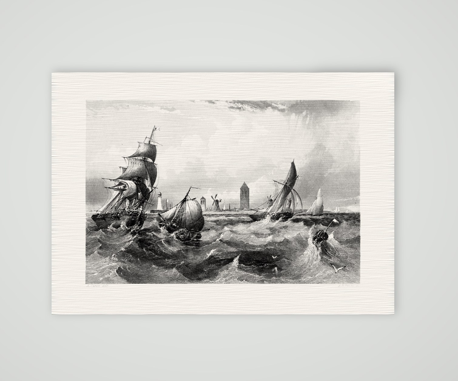 Ostende, Segelschiffe im Sturm – Stahlstich, Kunstdruck auf Leinenpapier