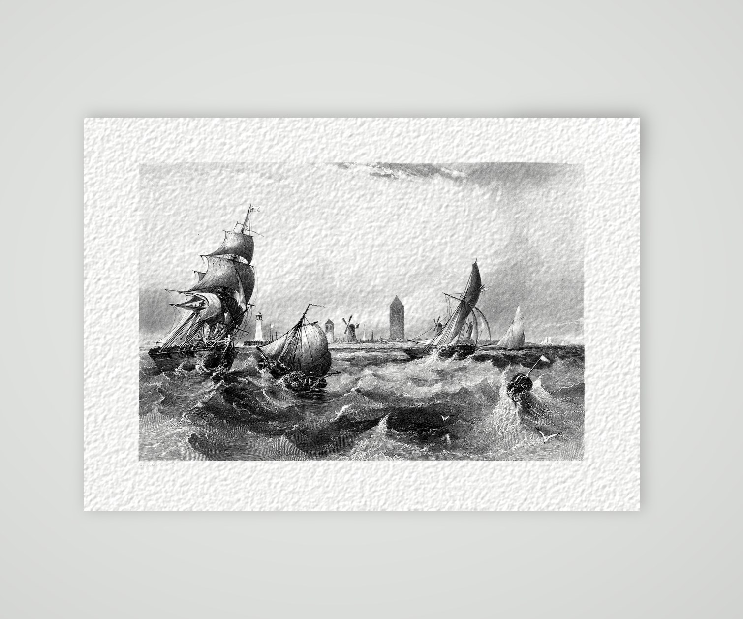 Ostende, Segelschiffe im Sturm – Stahlstich, Kunstdruck auf Hahnemühle-Büttenpapier