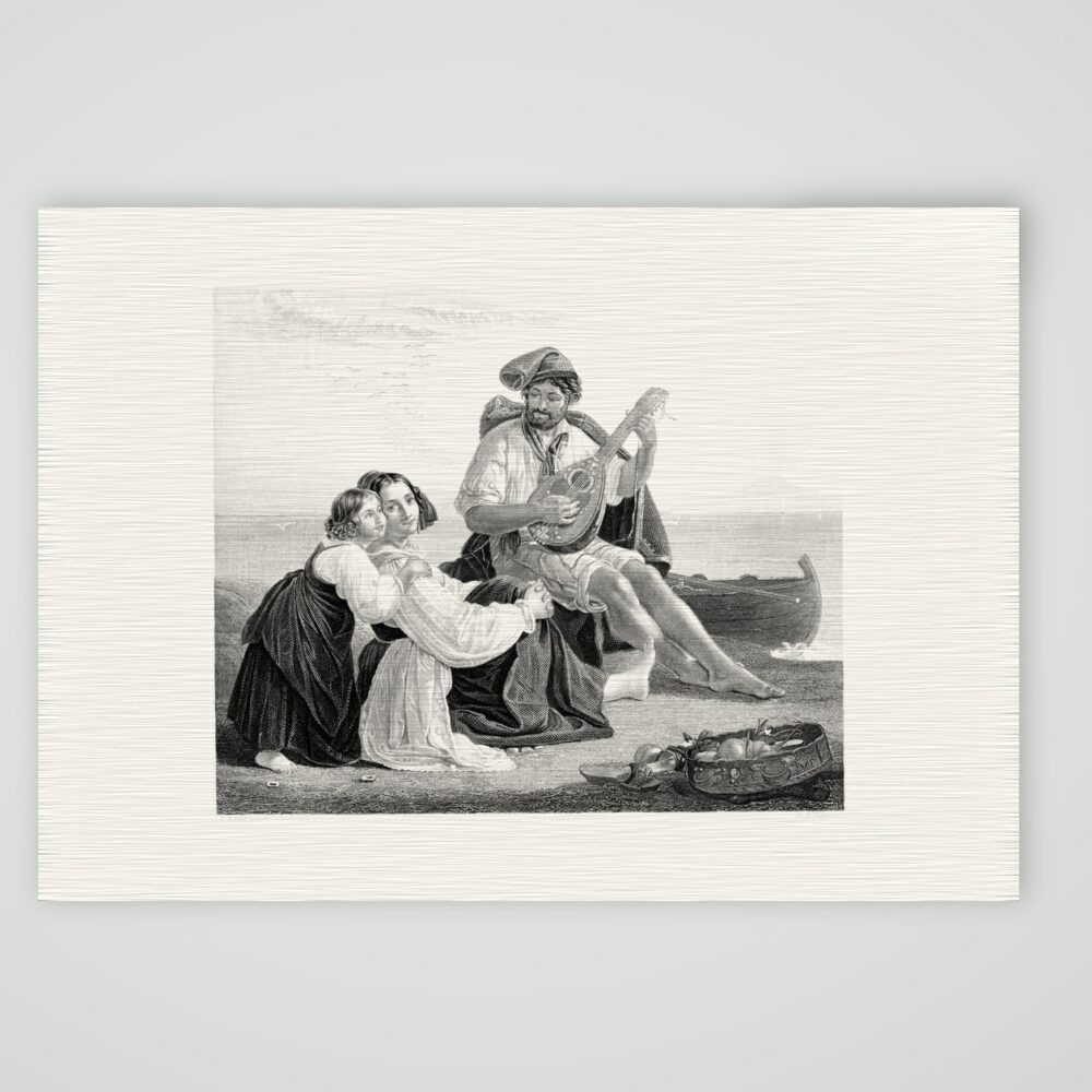 Frau Nicolo – Musik am Strand – Stahlstich, Kunstdruck auf Leinenpapier