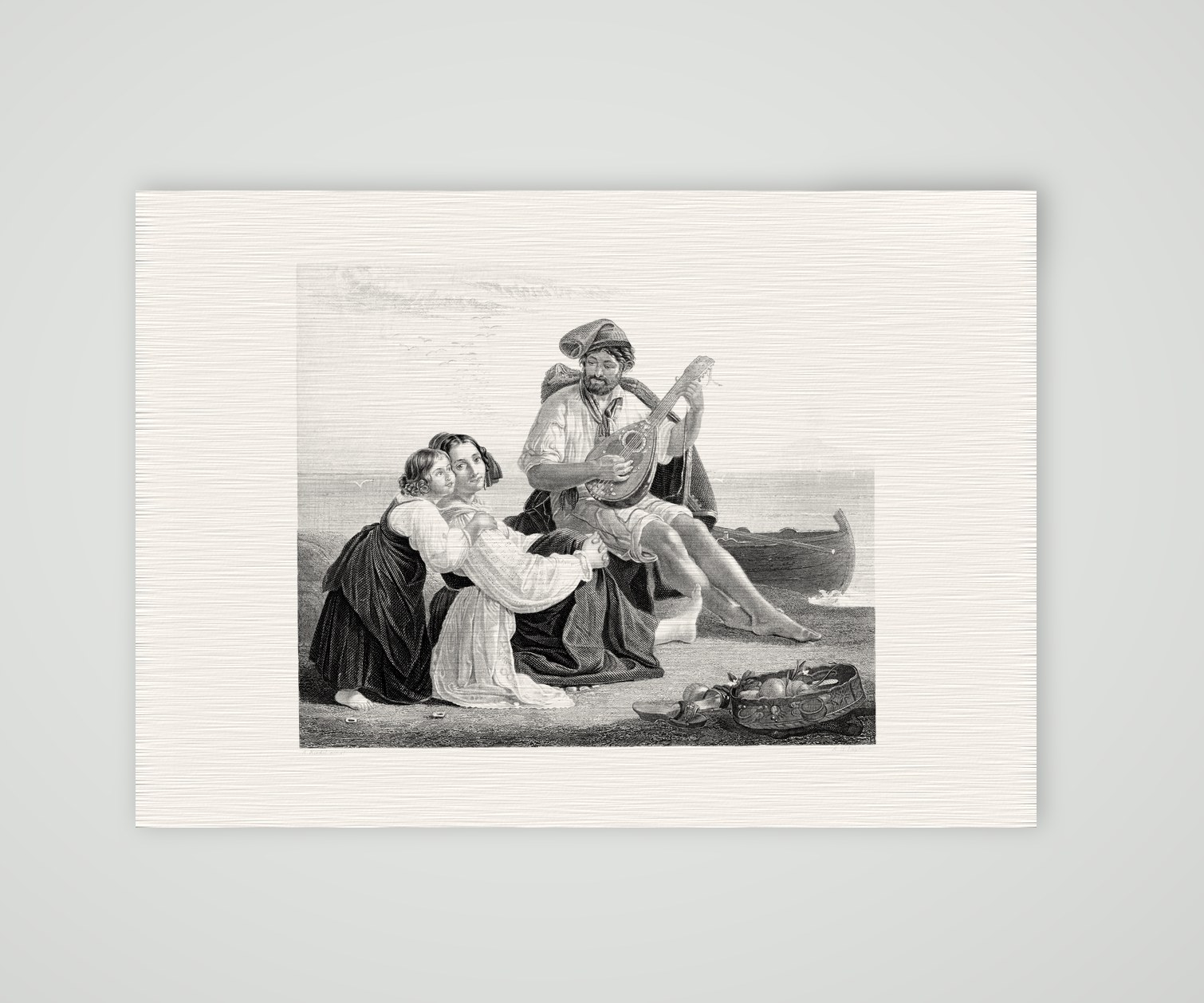 Frau Nicolo – Musik am Strand – Stahlstich, Kunstdruck auf Leinenpapier