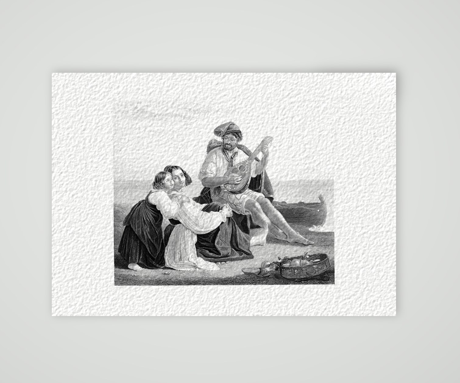 Frau Nicolo – Musik am Strand – Stahlstich, Kunstdruck auf Hahnemühle-Büttenpapier