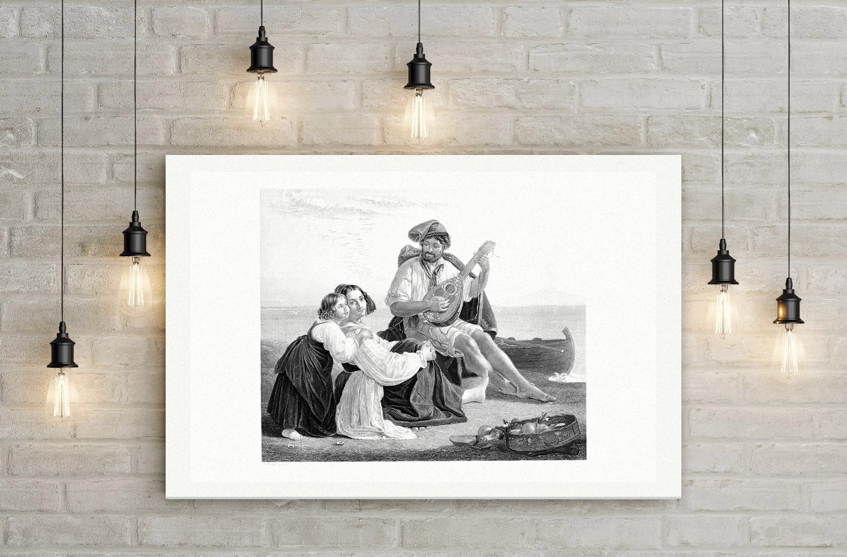 Frau Nicolo – Musik am Strand – Stahlstich, Leinwanddruck auf Holzkeilrahmen an der Wand