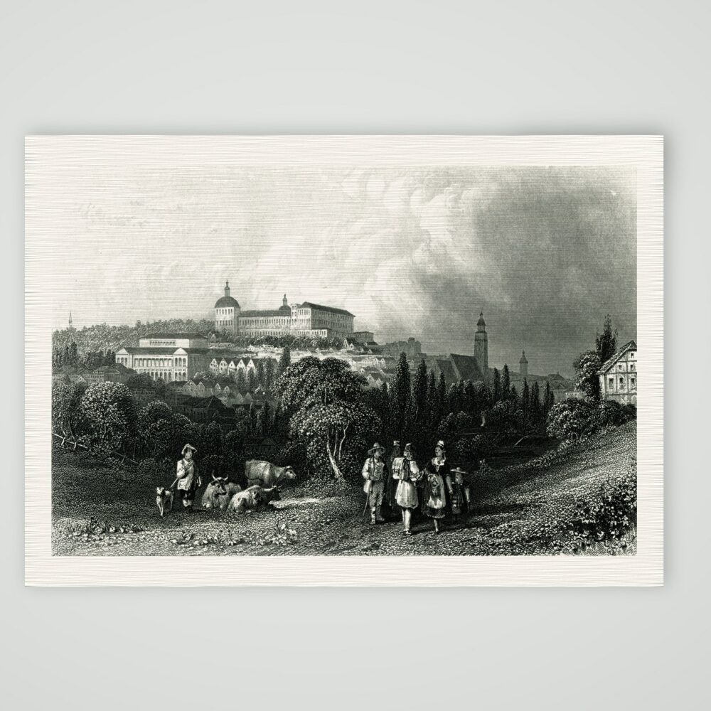 Gotha, Stadtansicht mit Schloss auf der Anhöhe, Stahlstich aus Paynes Universum um 1850, Kunstdruck auf Leinenpapier
