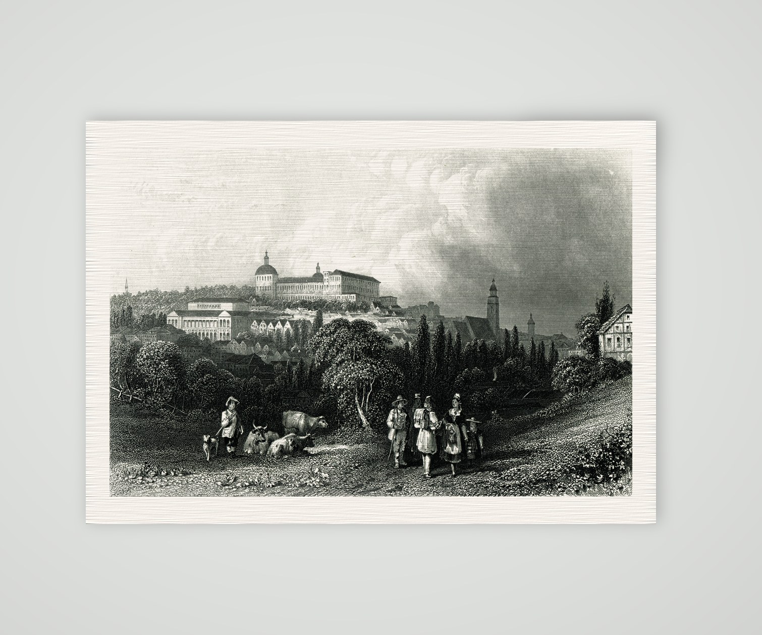 Gotha, Stadtansicht mit Schloss auf der Anhöhe, Stahlstich aus Paynes Universum um 1850, Kunstdruck auf Leinenpapier