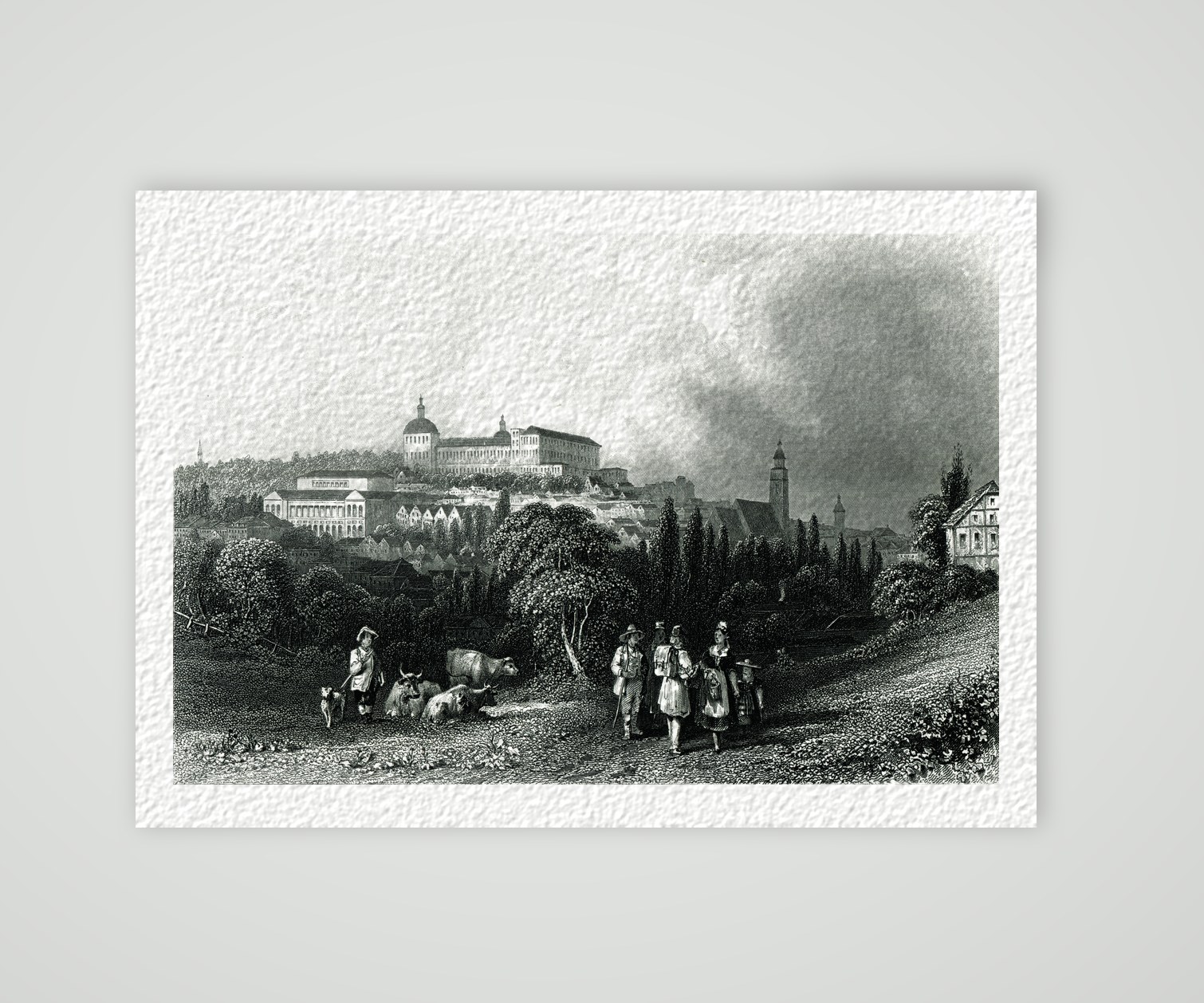 Gotha, Stadtansicht mit Schloss auf der Anhöhe, Stahlstich aus Paynes Universum um 1850, Kunstdruck auf Hahnemühle-Büttenpapier