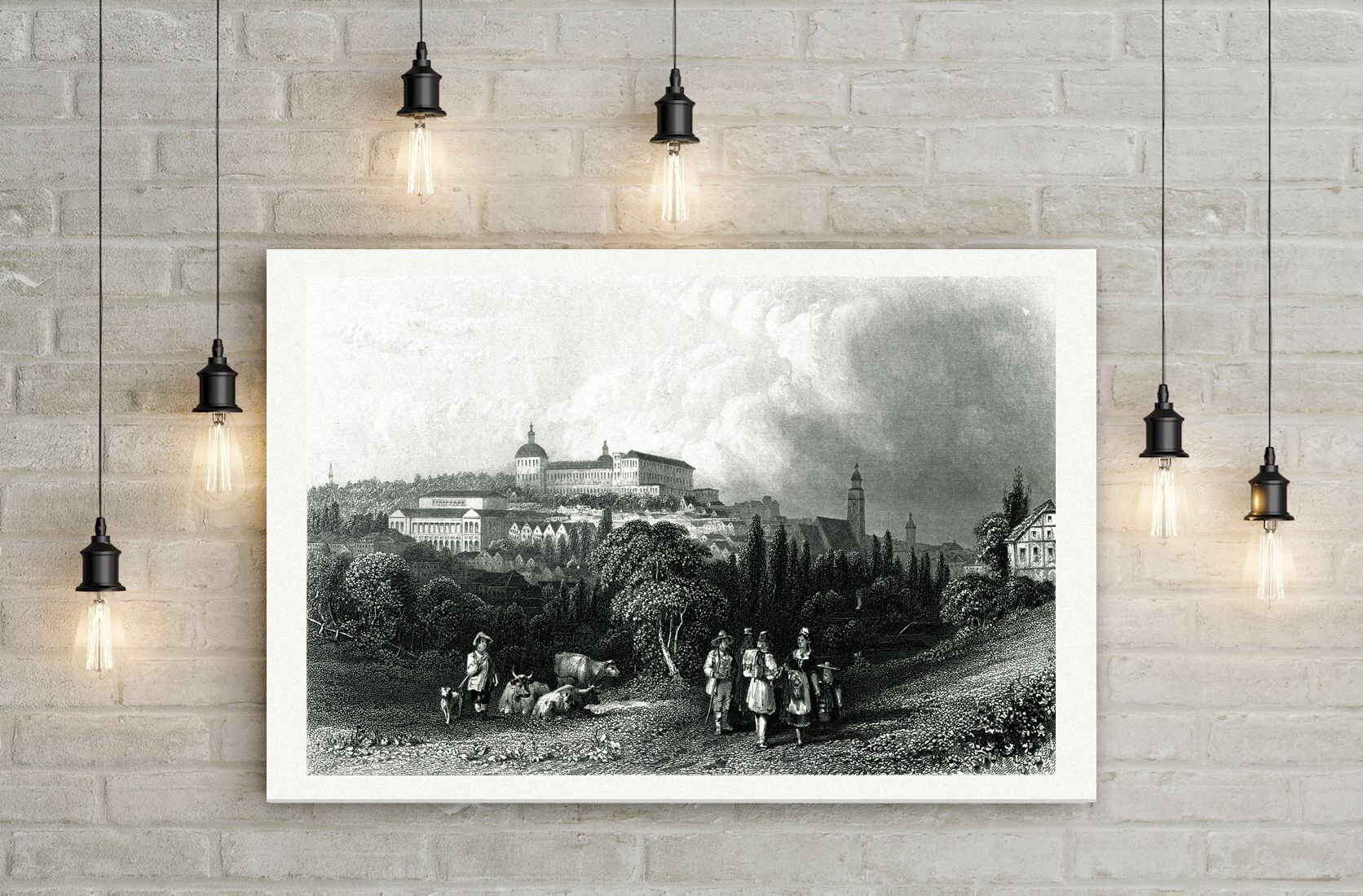 Gotha, Stadtansicht mit Schloss auf der Anhöhe, Stahlstich aus Paynes Universum um 1850, Leinwanddruck auf Holzkeilrahmen an der Wand