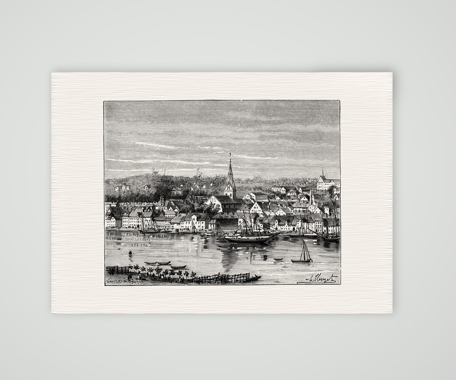 Schleswig mit der Kirche St. Marien – Holzstich, Kunstdruck auf Leinenpapier