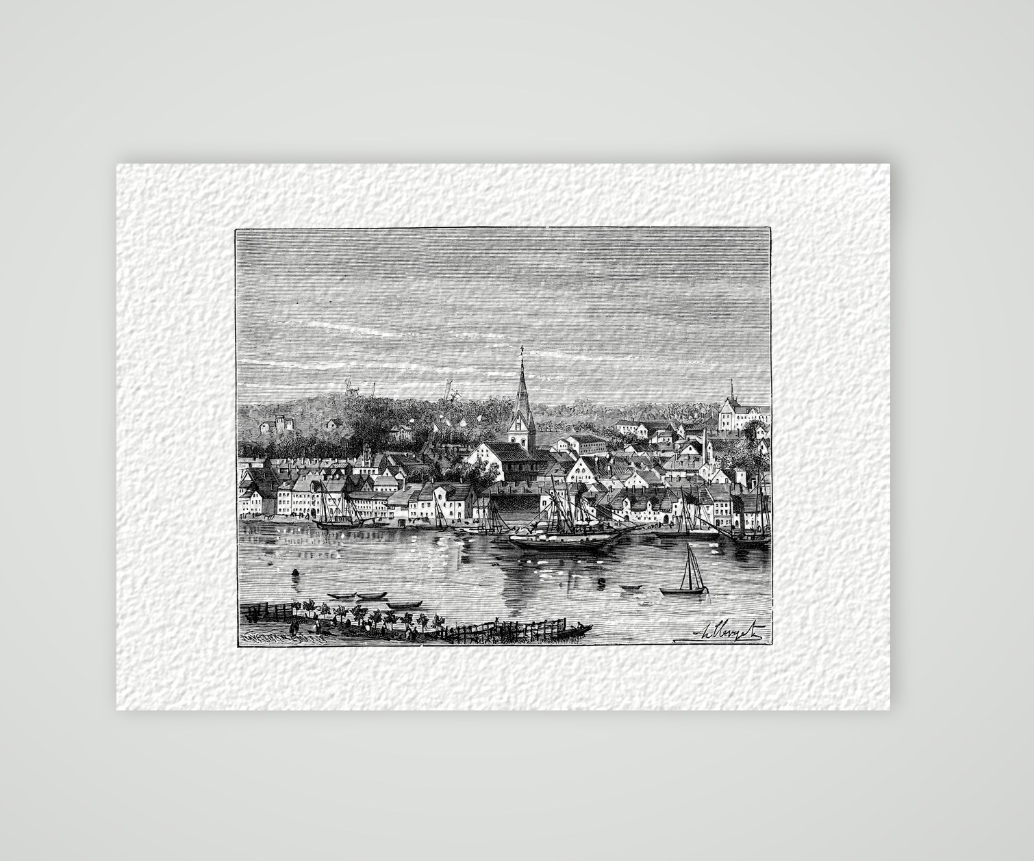 Schleswig mit der Kirche St. Marien – Holzstich, Kunstdruck auf Hahnemühle-Büttenpapier