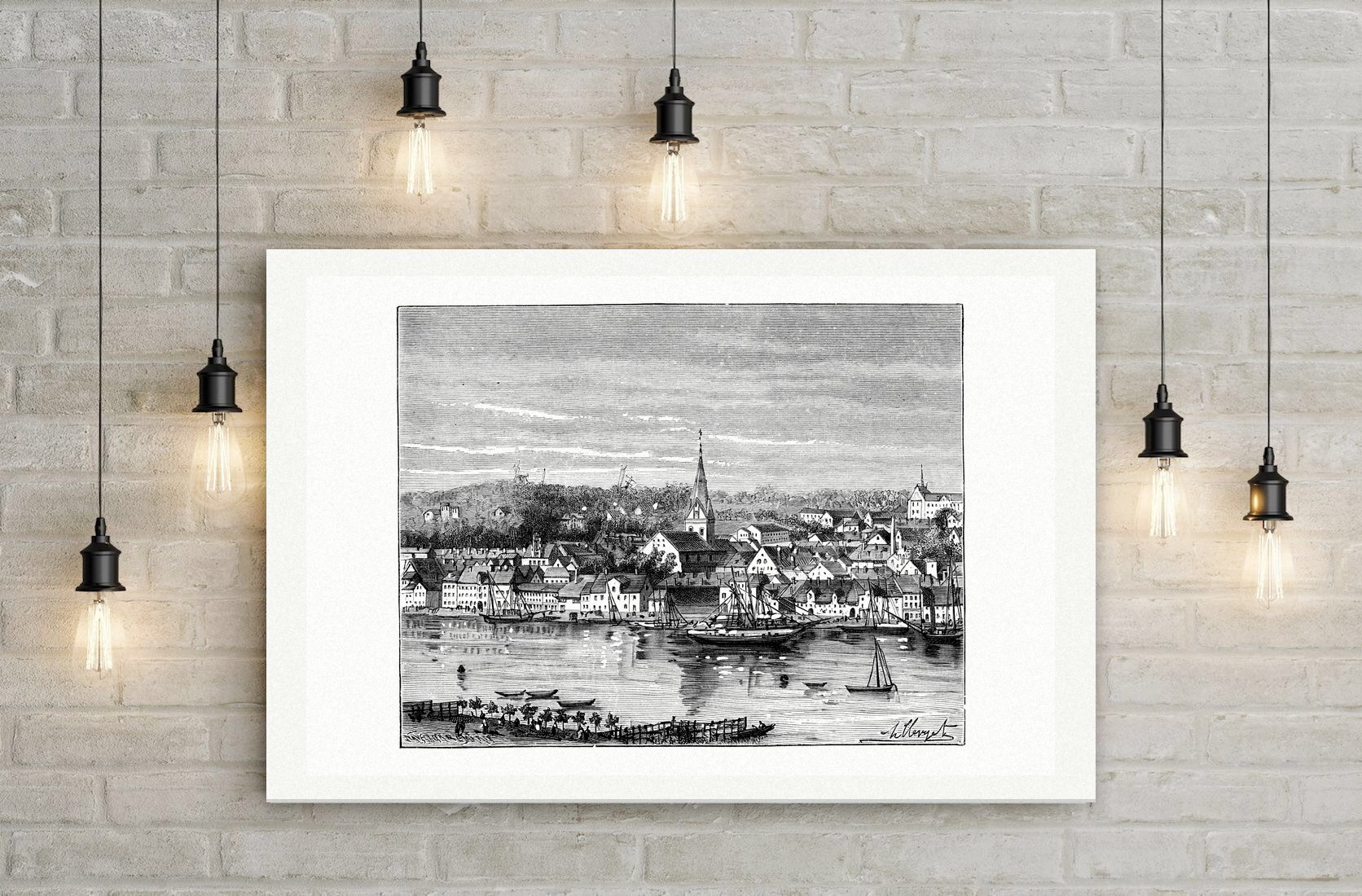 Schleswig mit der Kirche St. Marien – Holzstich, Leinwanddruck auf Holzkeilrahmen an der Wand