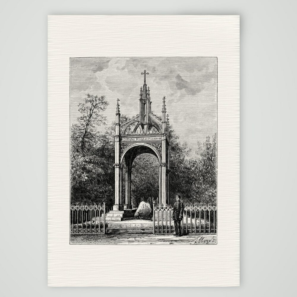 Lützen, das Gustav-Adolf-Denkmal – Holzstich, Kunstdruck auf Leinenpapier