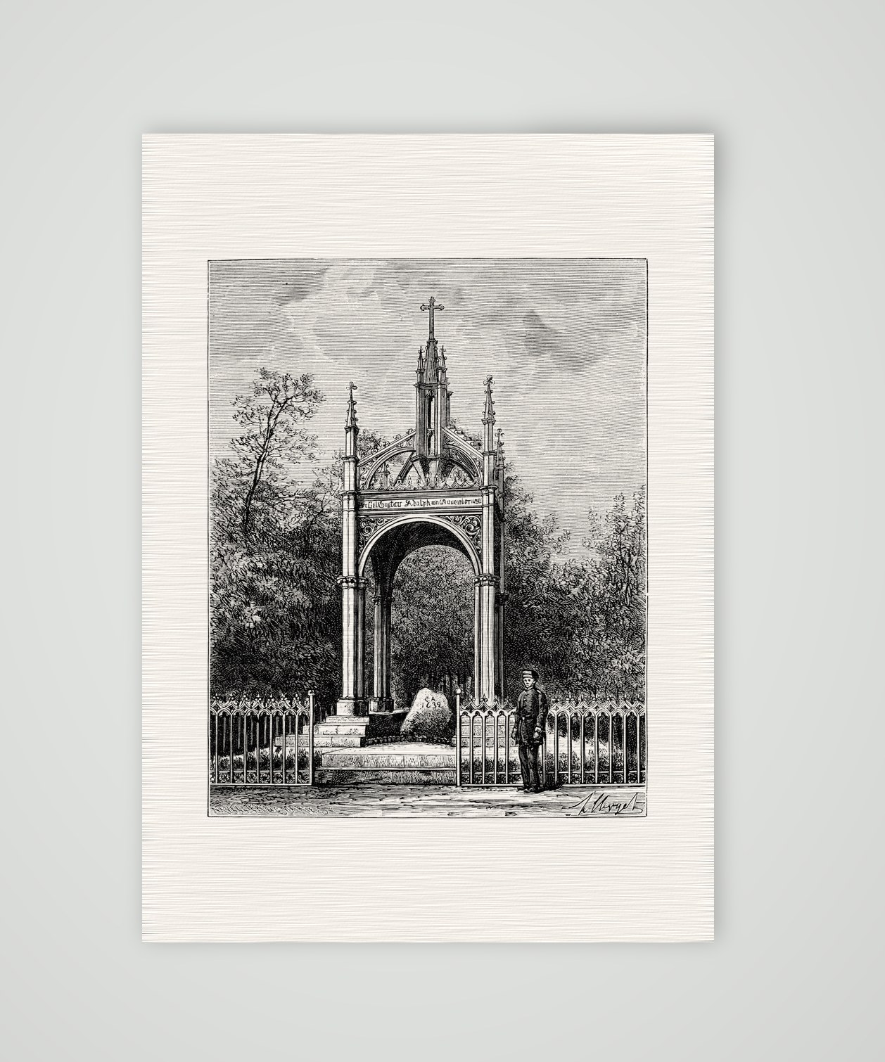 Lützen, das Gustav-Adolf-Denkmal – Holzstich, Kunstdruck auf Leinenpapier