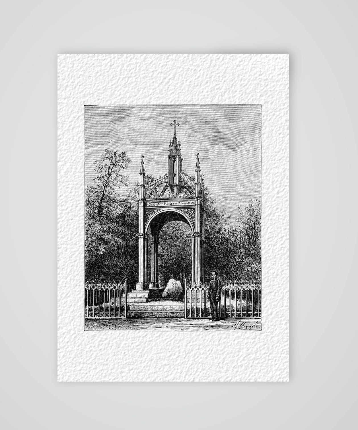 Lützen, das Gustav-Adolf-Denkmal – Holzstich, Kunstdruck auf Hahnemühle-Büttenpapier