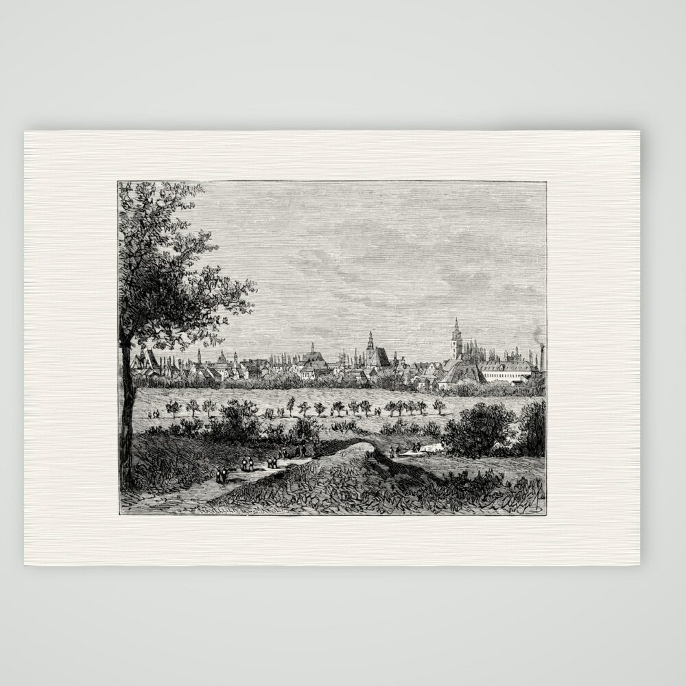 Hanau, Blick auf die Stadt – Holzstich, Kunstdruck auf Leinenpapier