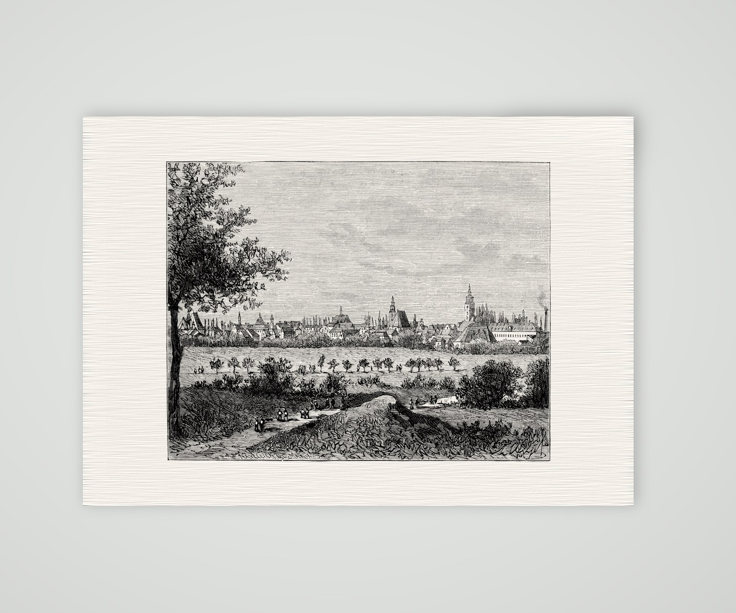 Hanau, Blick auf die Stadt – Holzstich, Kunstdruck auf Leinenpapier