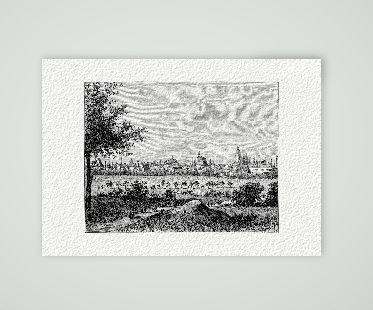 Hanau, Blick auf die Stadt – Holzstich, Kunstdruck auf Hahnemühle-Büttenpapier