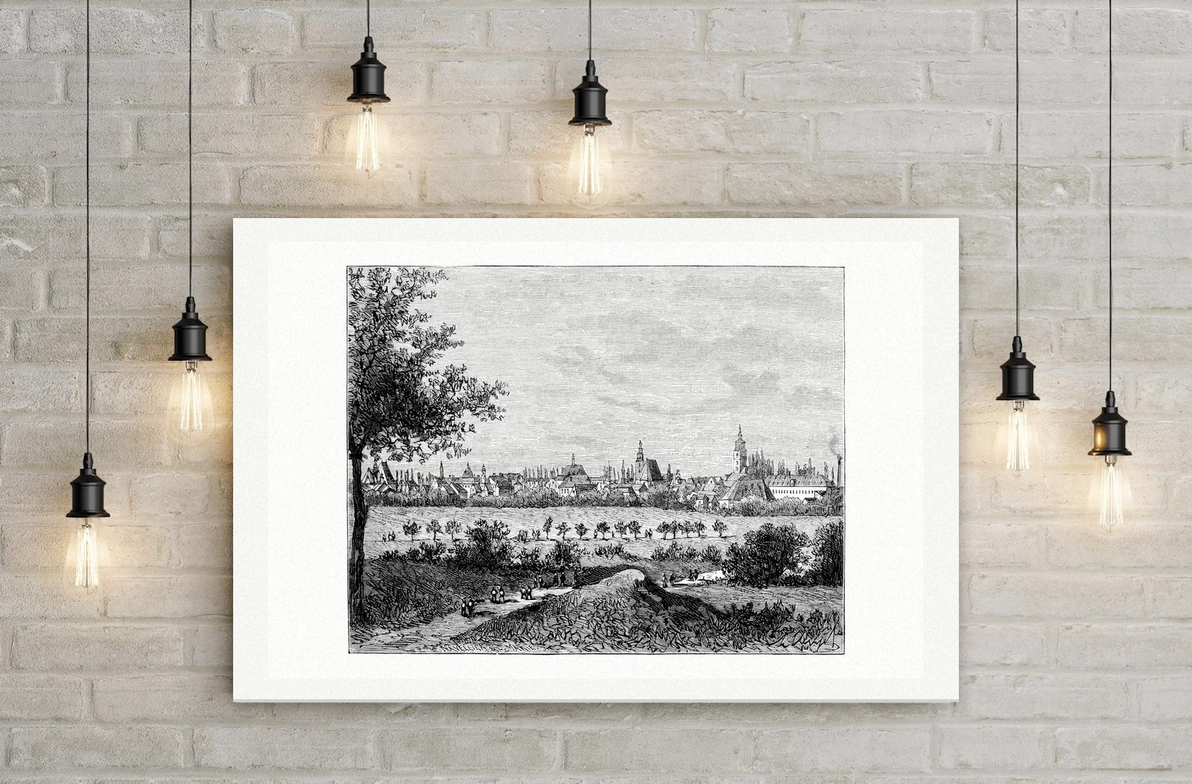 Hanau, Blick auf die Stadt – Holzstich, Leinwanddruck auf Holzkeilrahmen an der Wand