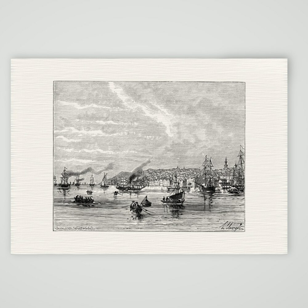 Altona, Blick über die Elbe – Holzstich, Kunstdruck auf Leinenpapier