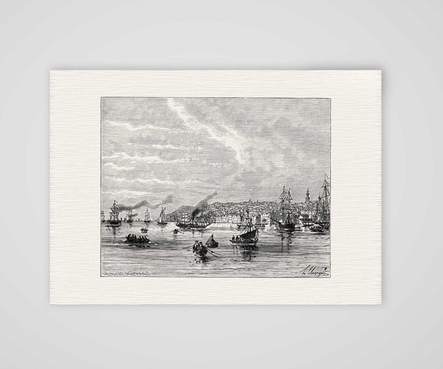 Altona, Blick über die Elbe – Holzstich, Kunstdruck auf Leinenpapier