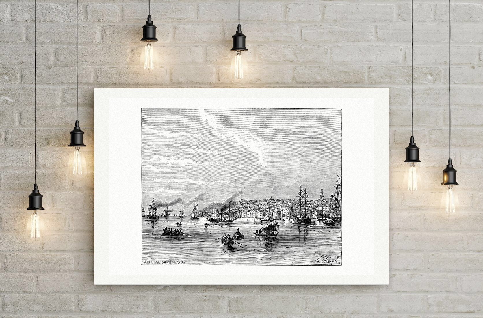 Altona, Blick über die Elbe – Holzstich, Leinwanddruck auf Holzkeilrahmen an der Wand