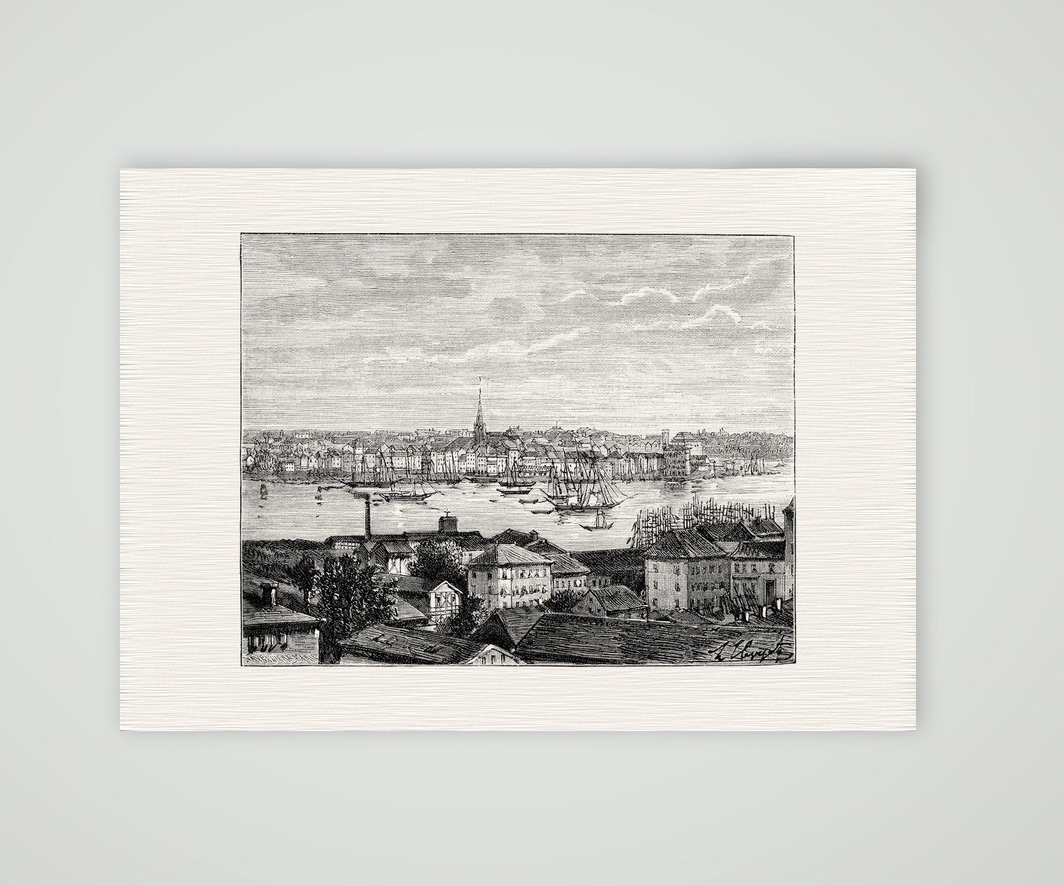 Kiel, Blick über die Förde – Holzstich, Kunstdruck auf Leinenpapier