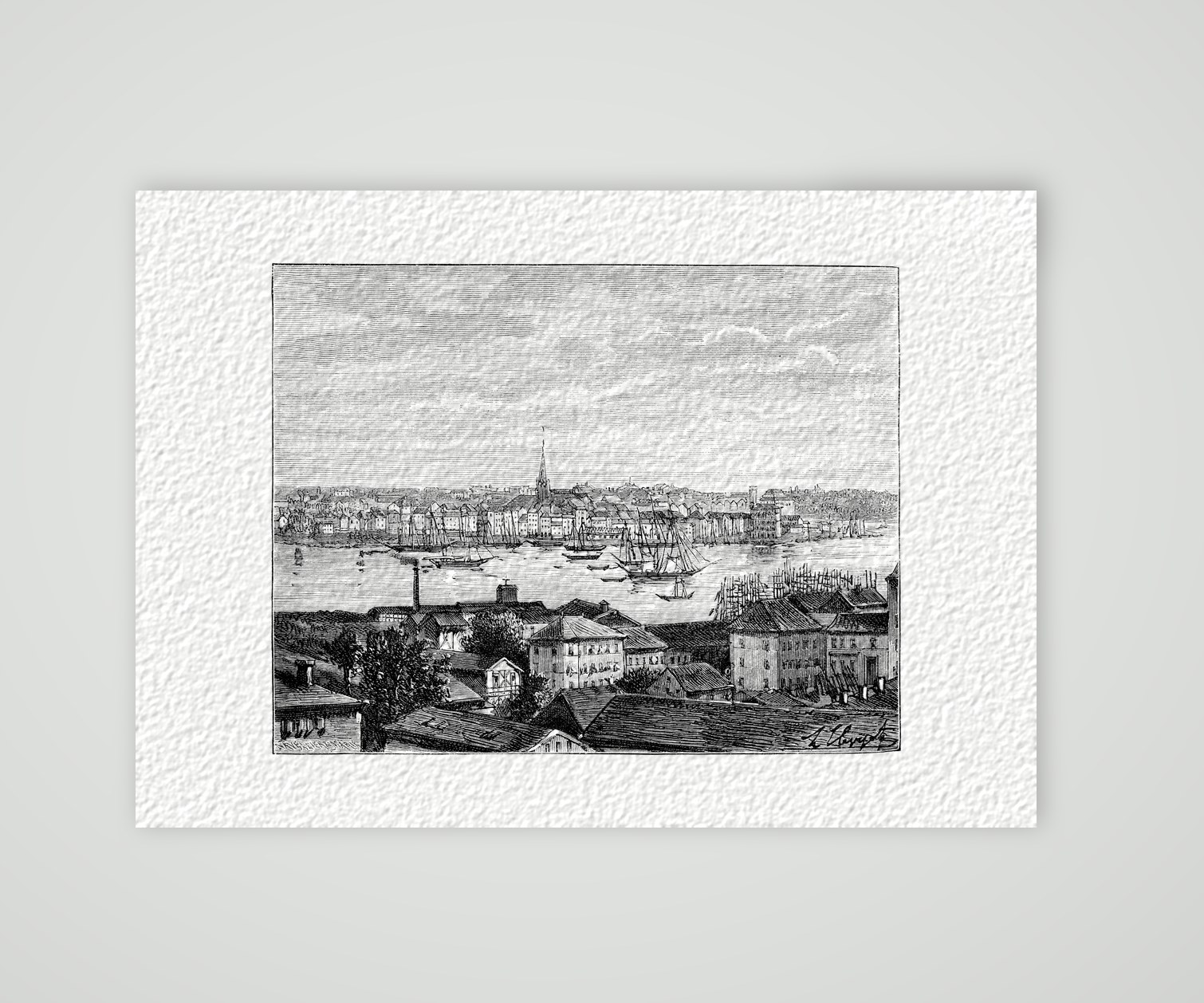 Kiel, Blick über die Förde – Holzstich, Kunstdruck auf Hahnemühle-Büttenpapier