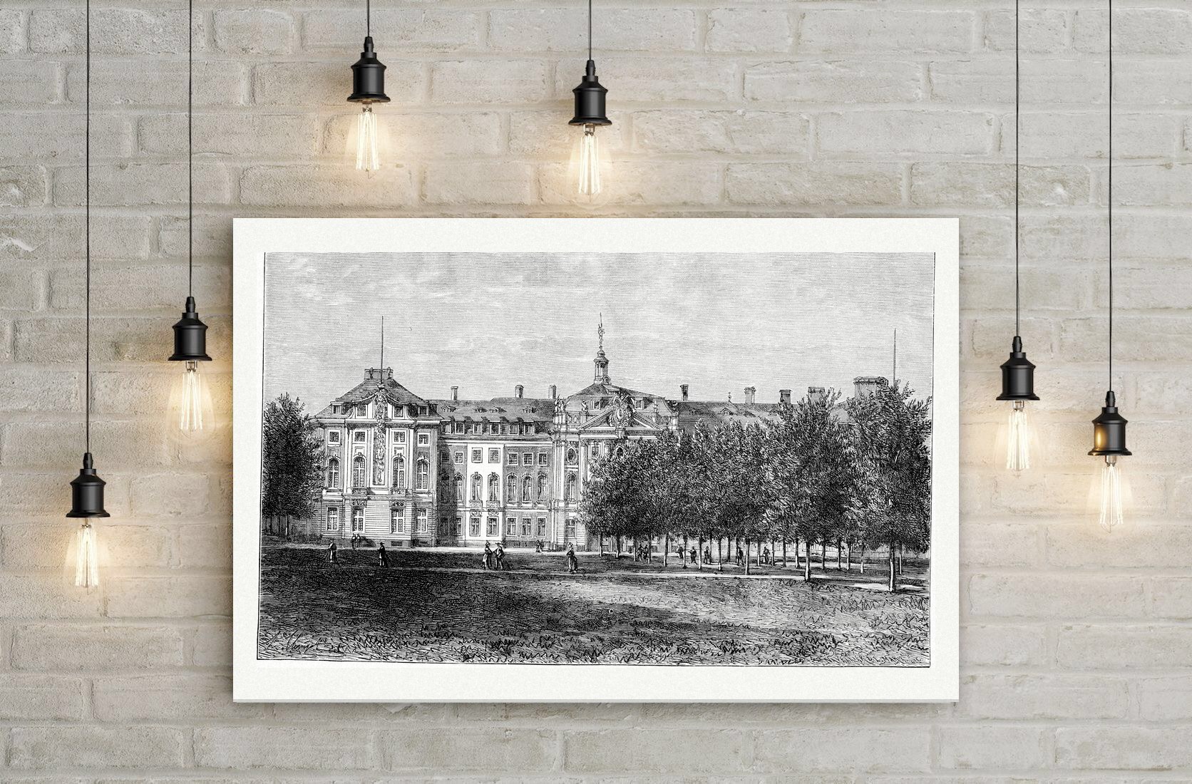 Münster, das Schloss – Holzstich, Leinwanddruck auf Holzkeilrahmen an der Wand