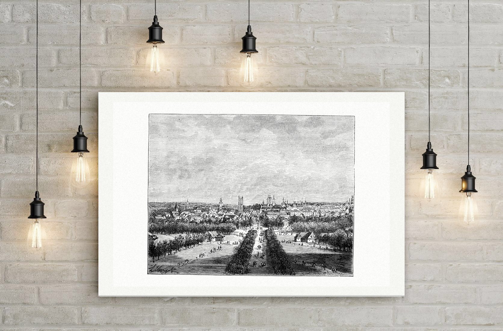 Münster, Blick über die Promenade – Holzstich, Leinwanddruck auf Holzkeilrahmen an der Wand