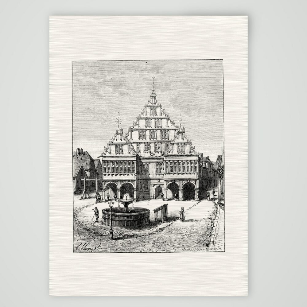 Paderborn, das Rathaus – Holzstich, Kunstdruck auf Leinenpapier
