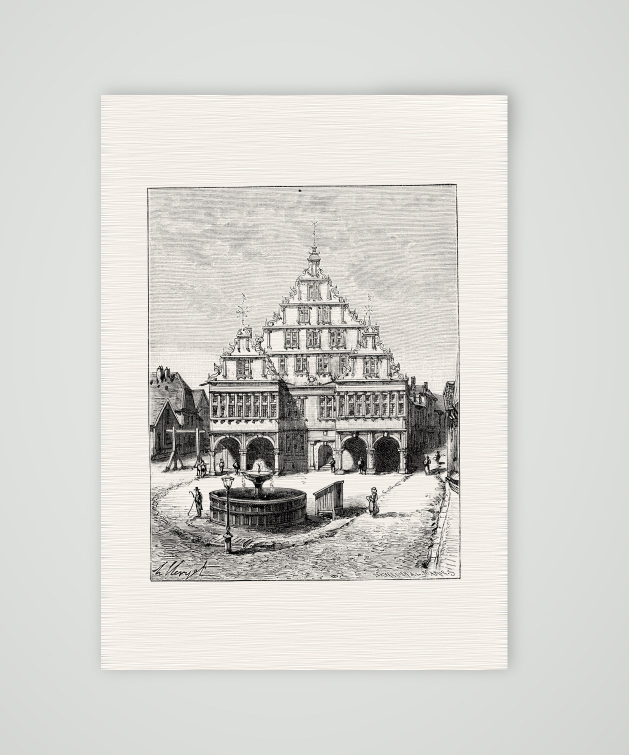 Paderborn, das Rathaus – Holzstich, Kunstdruck auf Leinenpapier