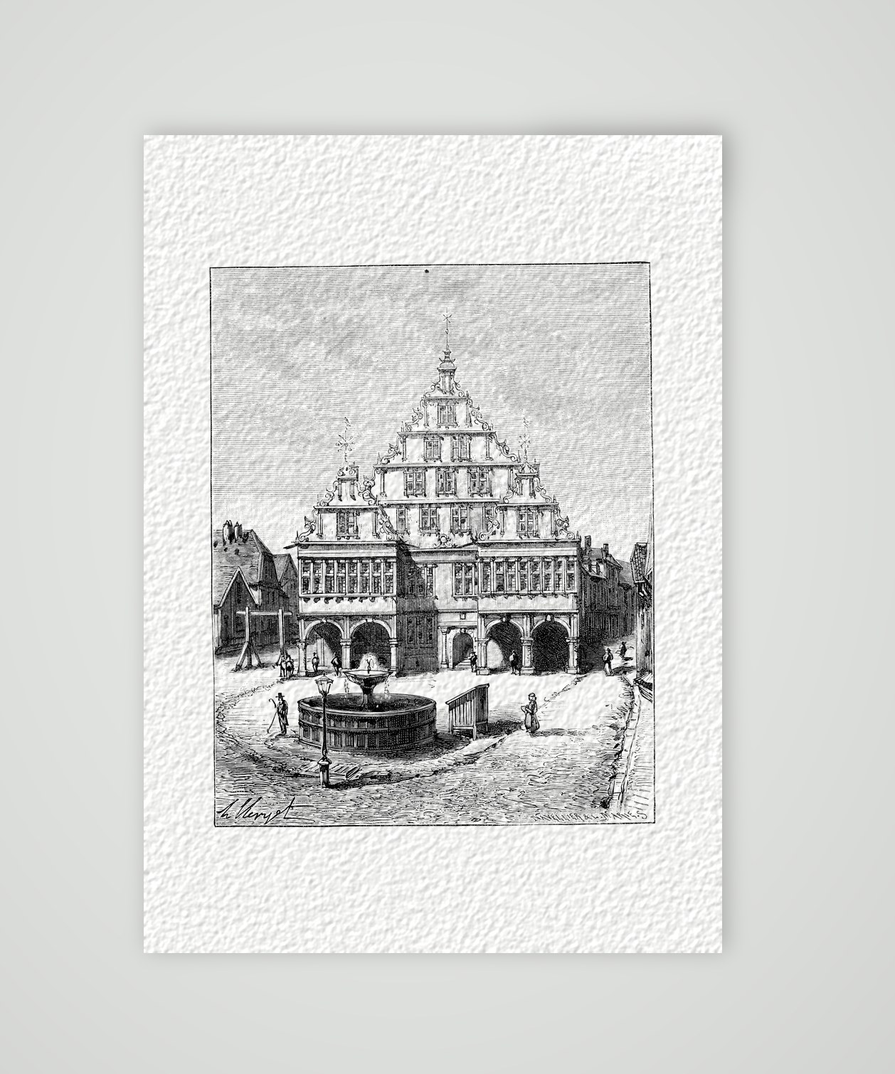 Paderborn, das Rathaus – Holzstich, Kunstdruck auf Hahnemühle-Büttenpapier