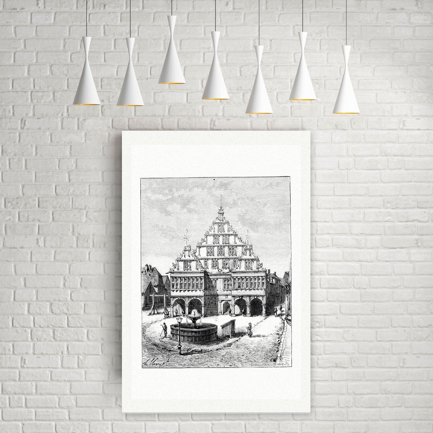 Paderborn, das Rathaus – Holzstich, Leinwanddruck auf Holzkeilrahmen an der Wand