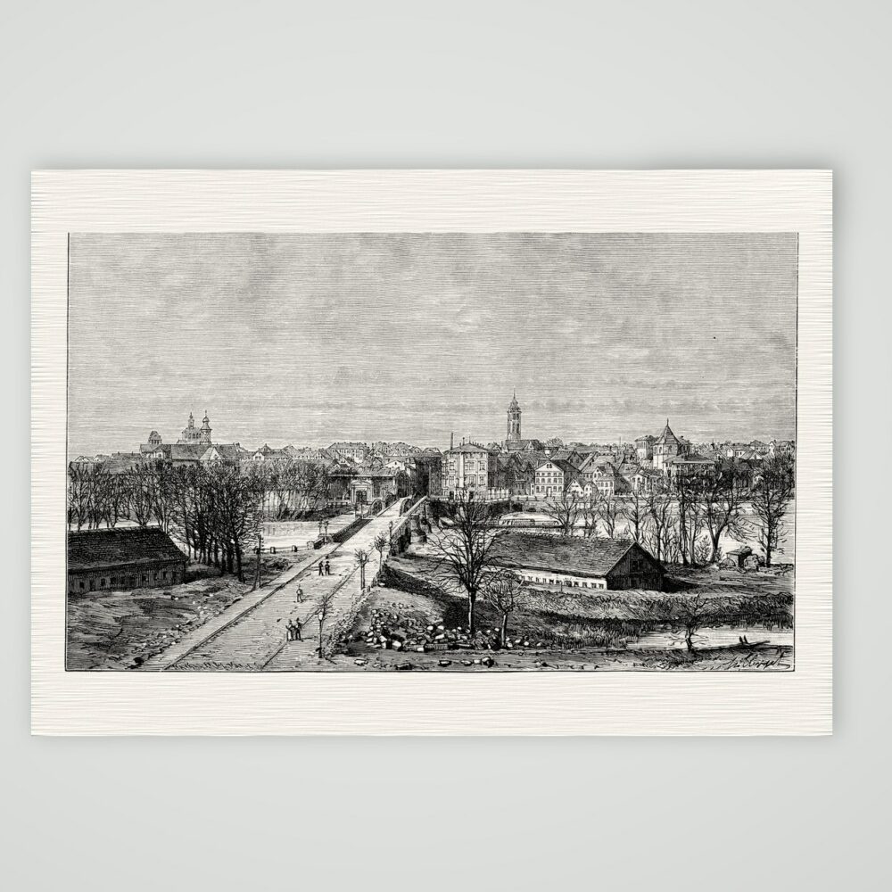 Minden, Blick auf die Stadt mit dem Dom – Holzstich, Kunstdruck auf Leinenpapier