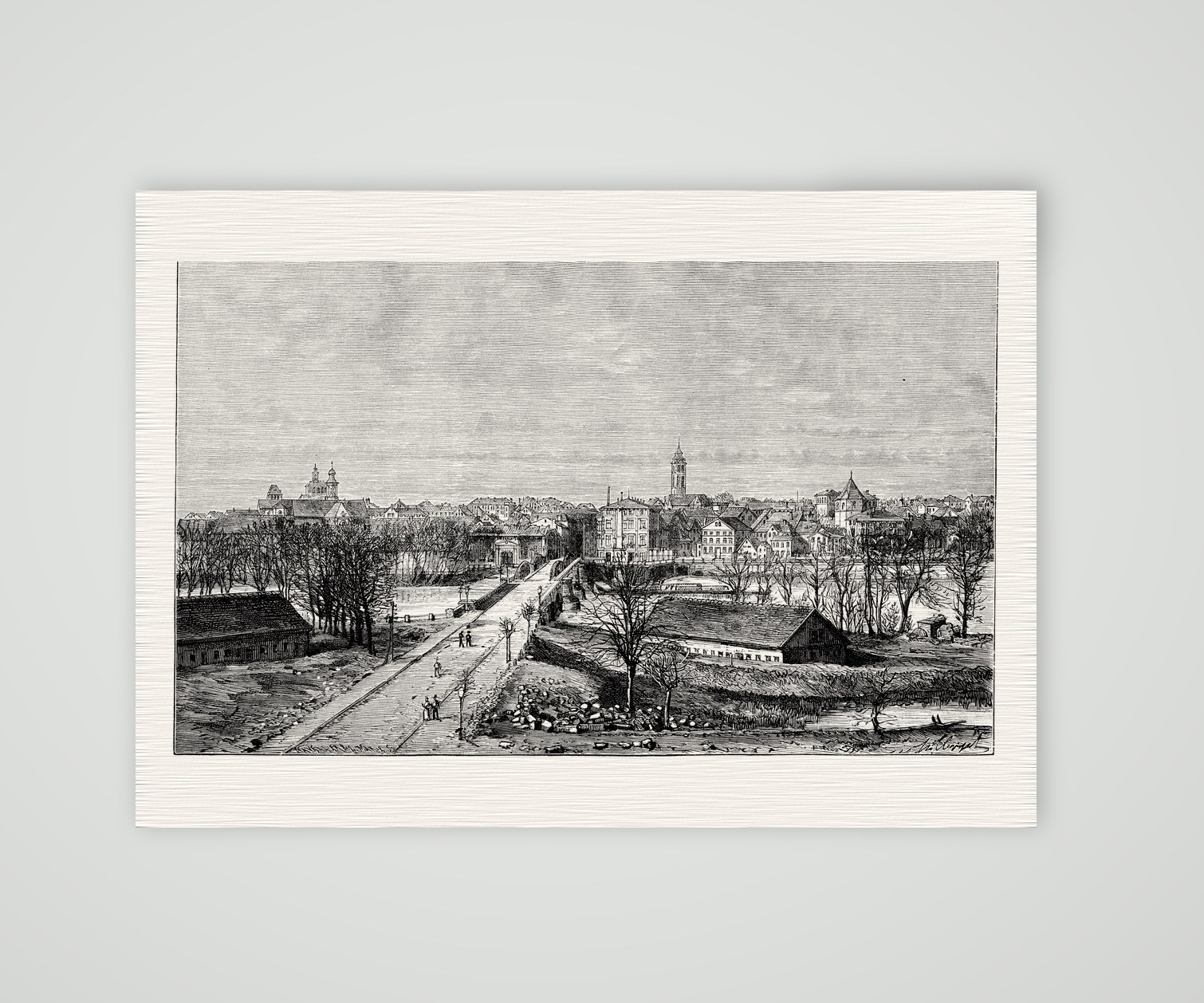 Minden, Blick auf die Stadt mit dem Dom – Holzstich, Kunstdruck auf Leinenpapier