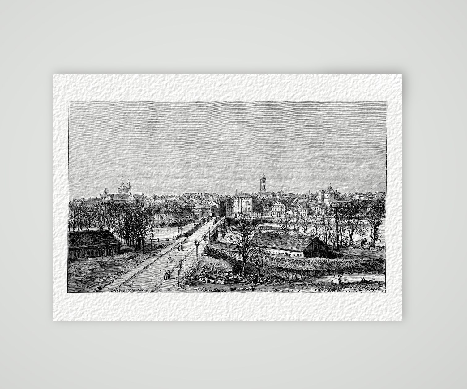 Minden, Blick auf die Stadt mit dem Dom – Holzstich, Kunstdruck auf Hahnemühle-Büttenpapier