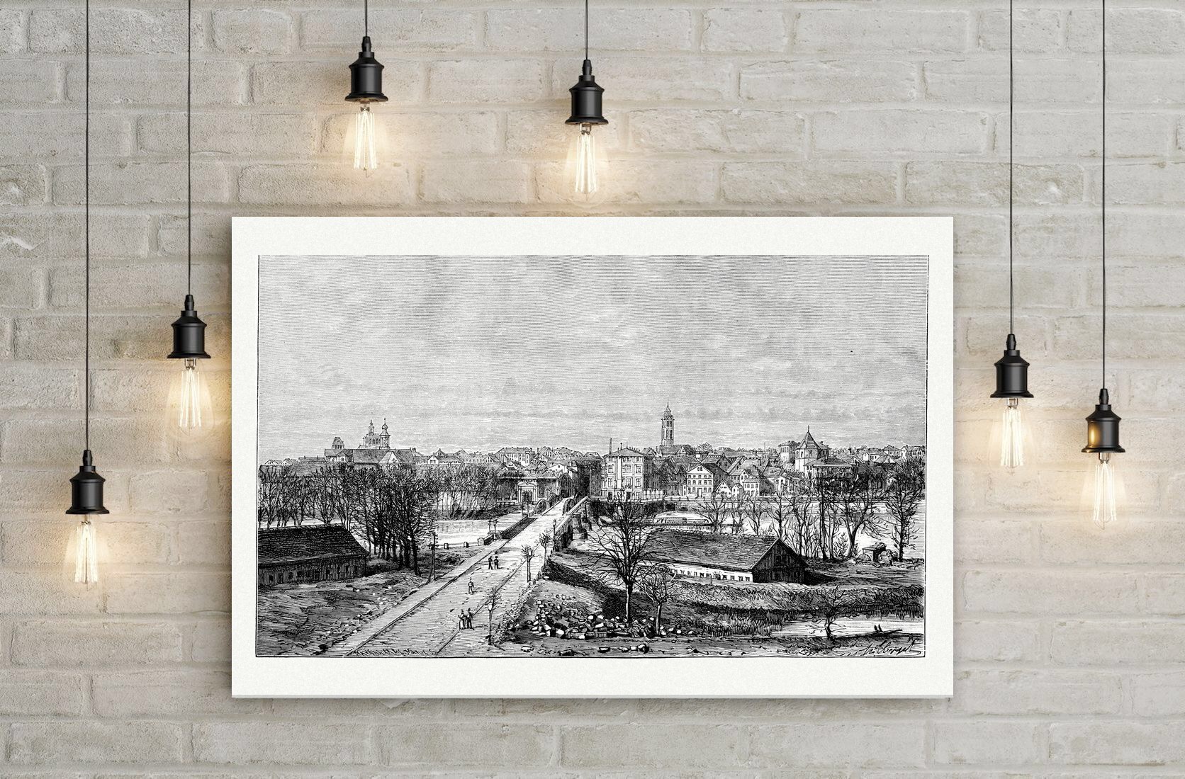 Minden, Blick auf die Stadt mit dem Dom – Holzstich, Leinwanddruck auf Holzkeilrahmen an der Wand